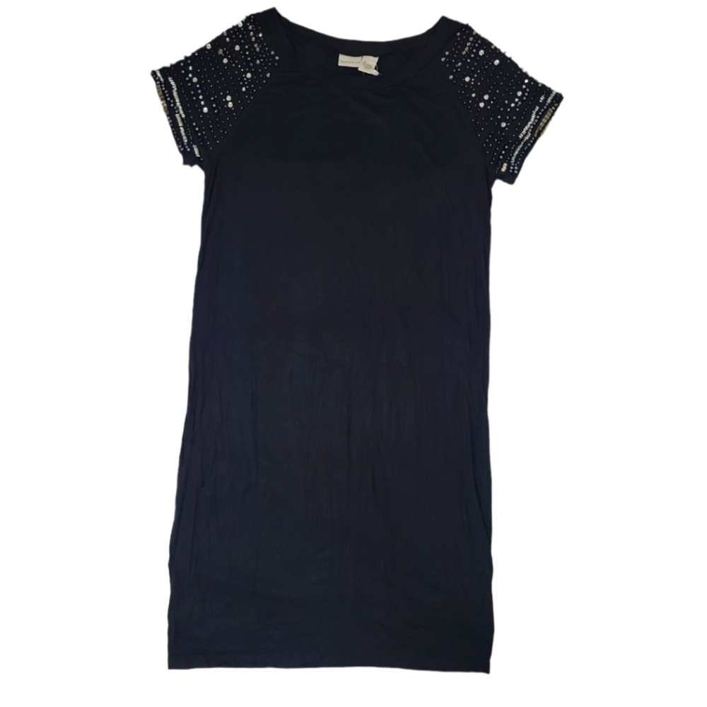 Newport News Beaded Short Sleeve Black Stretch Dress w/ Extra Replacement Beads